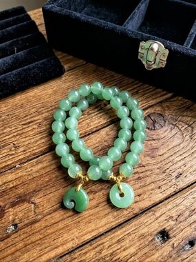 Mint Green Beaded Stretch Bracelet Set - Lucky Elephant & Donut Charm 2pc